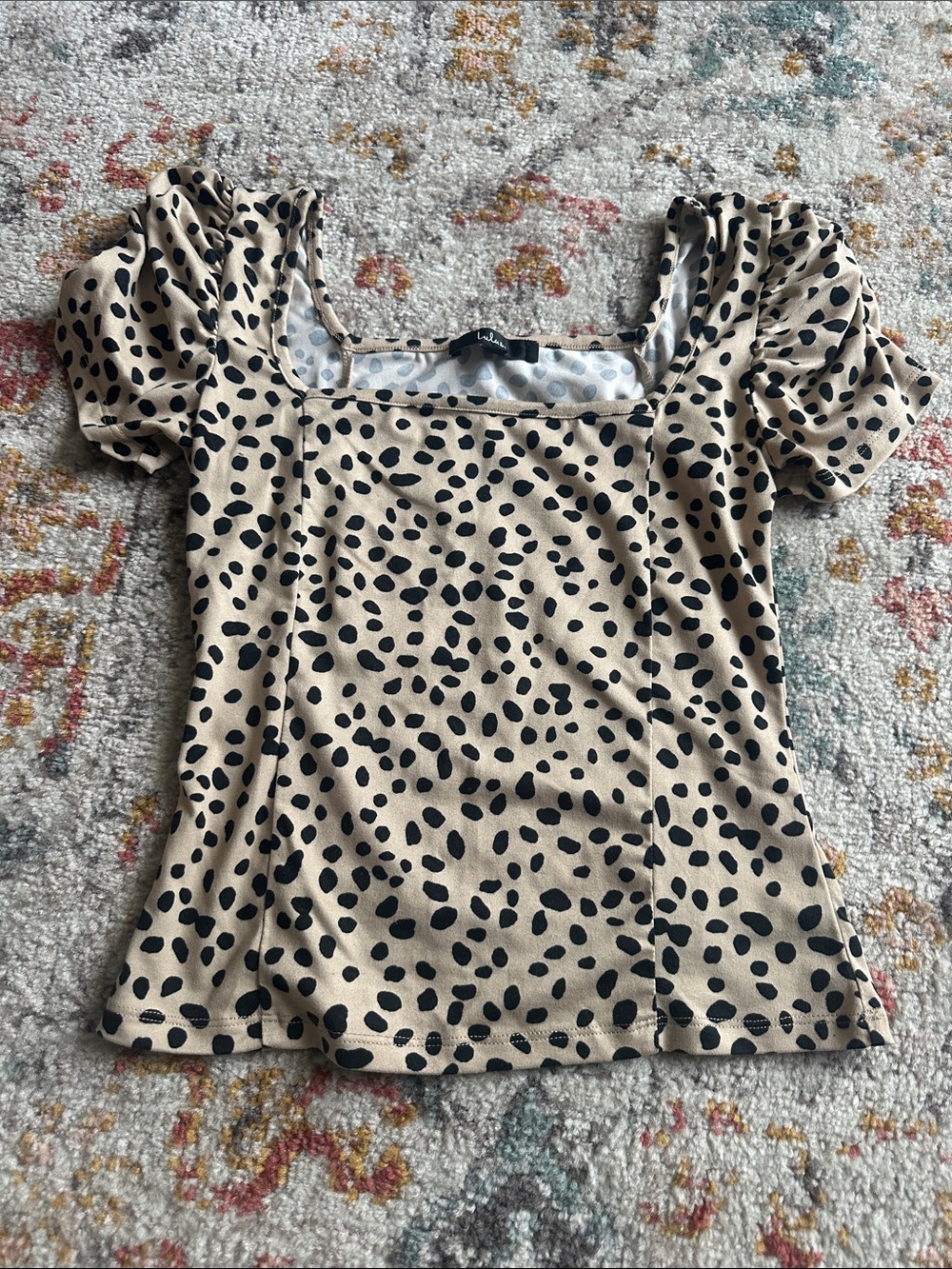 Lulu's Beige Puff Sleeve Square Neck Top with Black Spot Print